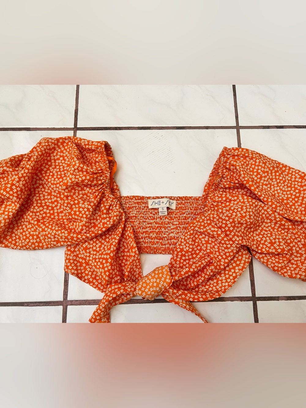 She + Sky Orange Floral Puff Sleeve Tie Front Top